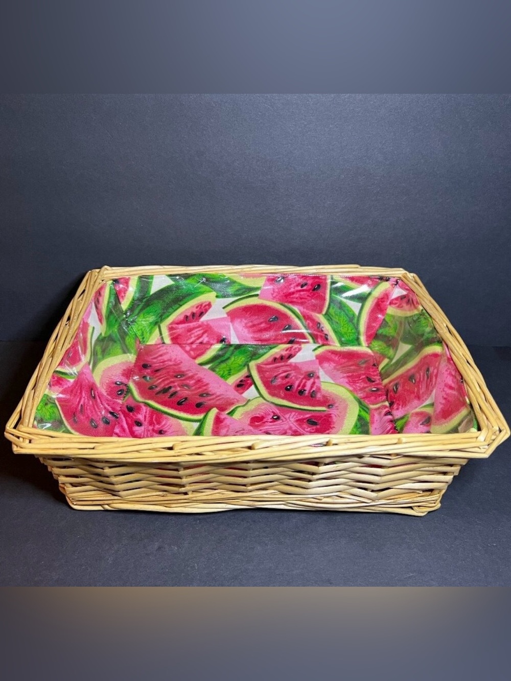 VTG Woven Wicker Watermelon Vinyl Lined Rectangular Fruit Basket 12.5 x 9.75"
